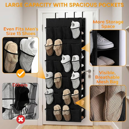 Ofiray-home Over The Door Shoe Organizer, 50 Large Pockets Double-Sided Shoe Organizer for Closet Door, Hanging Shoe Storage Up to 50 Pairs, Mesh Front Pockets & Side Storage for Sneakers, Heels,Black