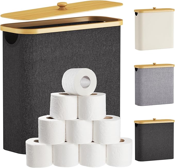 Lifewit Toilet Paper Storage Holder for 12 to 16 Rolls, Free Standing Toilet Paper Basket Stand with Bamboo Lid, Collapsible Fabric Bathroom Organizer Box for Mega Rolls, 30L, Extra Large, Dark Gray