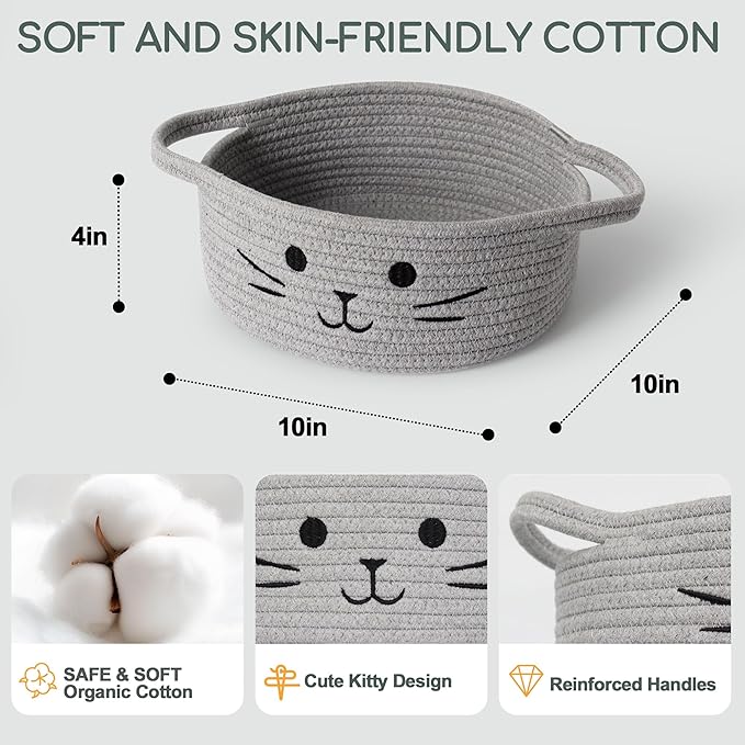 Small Cat Toy Basket, 10”x10”x4” Gray Cotton Rope Storage Bin with Handles, Woven Cat Organizer Box for Indoor Pets, Cute Kitty Easter Basket Gifts Empty, Living Room Nursery Decor