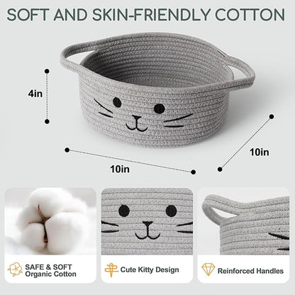 Small Cat Toy Basket, 10”x10”x4” Gray Cotton Rope Storage Bin with Handles, Woven Cat Organizer Box for Indoor Pets, Cute Kitty Easter Basket Gifts Empty, Living Room Nursery Decor