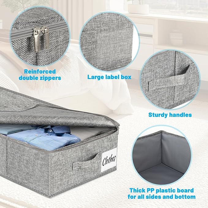 Under Bed Storage Container Bins 2 Pack, Low Profile Foldable Underbed Clothes Storage Organizer W/ Ultra Thick Fabric and Sturdy Bottom/Sides, Dual Zipper Storage Box for Dorm and Home 30x16x6.7"