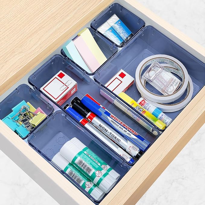 StorMiracle 13 PCS Drawer Organizer Set, 5 Varied Size Bathroom and kitchen Drawer cabinet organizer Trays, Clear Storage Bins for Makeup, Jewelry, Utensils and Gadgets, Dark Blue