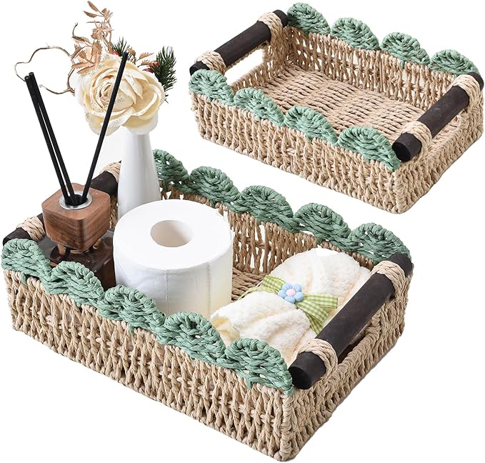 Wicker Basket with Built-in Handles, Small Scalloped Basket for Organizing, Set of 2 Decorative Baskets for Home and Toilet Paper Storage（Beige+Green）