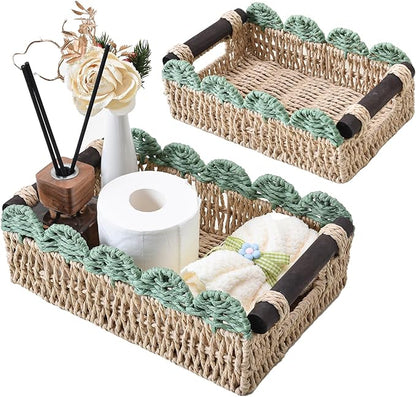 Wicker Basket with Built-in Handles, Small Scalloped Basket for Organizing, Set of 2 Decorative Baskets for Home and Toilet Paper Storage（Beige+Green）