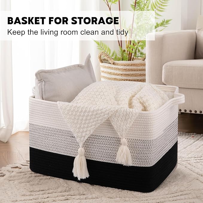 OIAHOMY Large Blanket Basket, 65L Cotton Rope Woven Laundry Basket, Toy Bin for Baby Room, Container for Blanket Storage in Living Room, 20''×16''×12'', Gradient Black