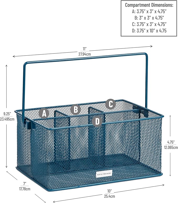 Mind Reader Multi-purpose Storage Caddy with Handle, Desktop Organizer, Cutlery Holder, 4 Compartments, Metal Mesh, Turquoise