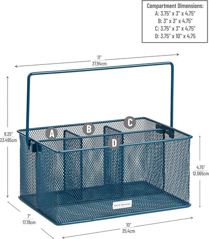 Mind Reader Multi-purpose Storage Caddy with Handle, Desktop Organizer, Cutlery Holder, 4 Compartments, Metal Mesh, Turquoise
