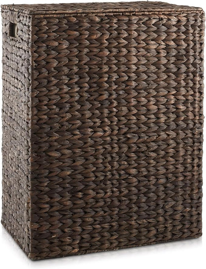 Casafield Large Laundry Hamper with Lid and Removable Liner Bag - Espresso Dark Brown, Woven Water Hyacinth Rectangular Laundry Basket Clothes Sorter