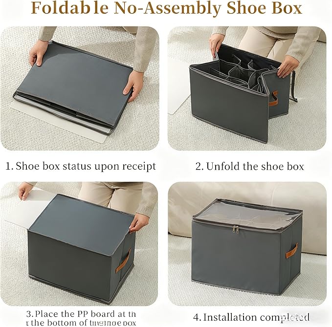 Extra Large Shoe Storage Box, Foldable Closet Organizer with Adjustable Dividers Spacious Storage Bin for Sneakers, Boots, Clothes, Pants & Handbags