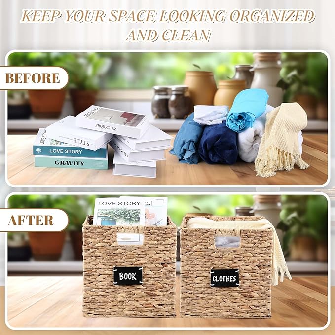 Jinei 12 Pcs Wicker Storage Basket Bulk, 10 x 10 x 10 Inch Handwoven Hyacinth Folding Cube Bin with Handles Labels for Shelves Pantry Laundry Organization