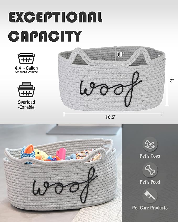 Sea Team Dog Toy Basket with Handles, 16.5 x 11 x 7 Inches, 4.4 Gallons Large Cotton Rope Storage Bin, Box, Shelf Organizer for Pet Chew Toys, Foods, Grey Woof