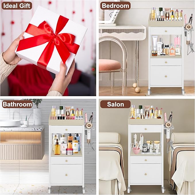 Makeup Organizer Cart with 3 Drawers, Large Cosmetic Organizer with Detachable Hair Tool Holder, Makeup Cabinet Cosmetic Display Cases for Skin Care Perfume Nail Polish, White & Natural