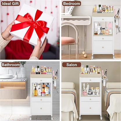 Makeup Organizer Cart with 3 Drawers, Large Cosmetic Organizer with Detachable Hair Tool Holder, Makeup Cabinet Cosmetic Display Cases for Skin Care Perfume Nail Polish, White & Natural