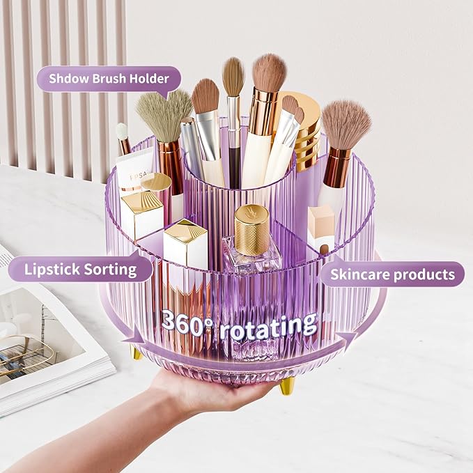 Clear Rotating Makeup Organizer Countertop for Vanity, 360° Makeup Brush Holder Organizer with 5 Compartments, Transparent Cosmetic Storage for Lipstick, Skincare, Bathroom Counter(Transparent Purple)