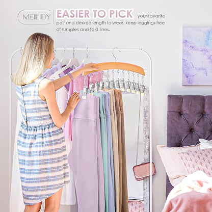MEILIDY Leggings Hangers, Wooden Closet Hanging Leggings Storage Organizer Scarf Hangers with 24 Clips, 360° Swivel Hook, Burlywood, 2 Pcs