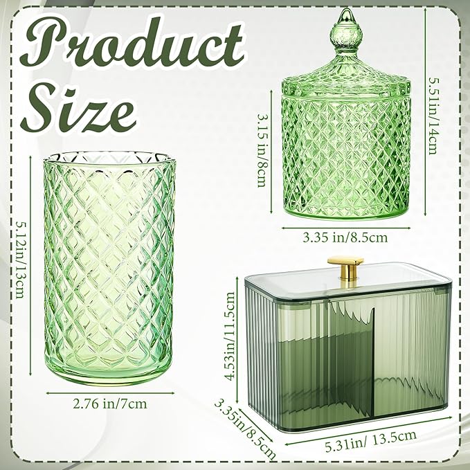 FoldTier 3 Pcs Cotton Ball Holder Dispenser Bathroom Set Cotton Ball Holder Swabs/ball Storage Box 3 Grids Partition Cosmetics Storage Dispenser for Vanity Tray Candy Container Jar For Home(Green)