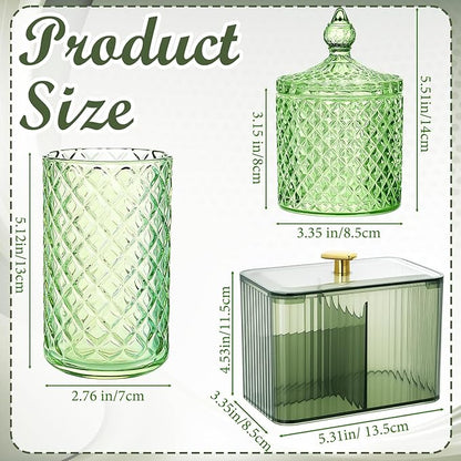 FoldTier 3 Pcs Cotton Ball Holder Dispenser Bathroom Set Cotton Ball Holder Swabs/ball Storage Box 3 Grids Partition Cosmetics Storage Dispenser for Vanity Tray Candy Container Jar For Home(Green)