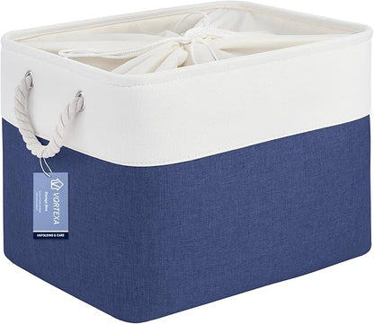 Large Storage Baskets- 16x12x12 inch Storage Bins for Shelves and Closet Organizing, Foldable Fabric Bin for Home Organization Clothes and Laundry (1-Pack, White&Blue)