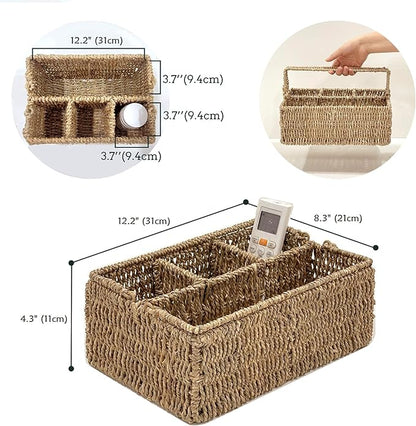 PEMAR Large L-Sized Hand Woven Utensil Caddy Carrier, Natural Jute Wicker Condiment Holder for Table, Kitchen Set Counter Top Silverware Organizer, Rustic Storage for Forks, Spoons, Seagrass
