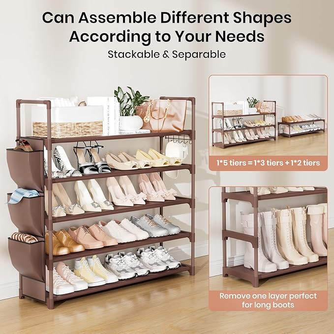 VILICK Shoe Rack for Closet Shoe Organizer Space Saver Storage for 20-25 Pair Shoe Shelf with Hook and Side Pocket Free Standing 5 Tier Shoe Rack Organizer for Entryway,Small Spaces, Brown