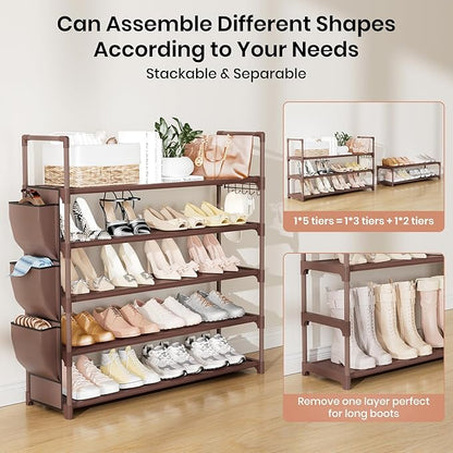 VILICK Shoe Rack for Closet Shoe Organizer Space Saver Storage for 20-25 Pair Shoe Shelf with Hook and Side Pocket Free Standing 5 Tier Shoe Rack Organizer for Entryway,Small Spaces, Brown