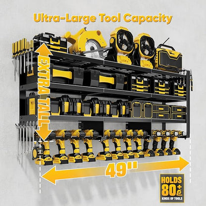 POKIPO 49" W Large Power Tool Organizer Wall Mount, 4 Layer Heavy Duty Loads 800 lbs, Tool Storage Rack Holds 12 Cordless Drills, Large Capacity Battery Holder for Garage, Gift for Men