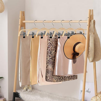 JS Hanger Wooden Pant Hangers, 5-Pack Light Weight Wood Skirt Hangers with Anti-Rust Hook and 2-Adjustable Clips