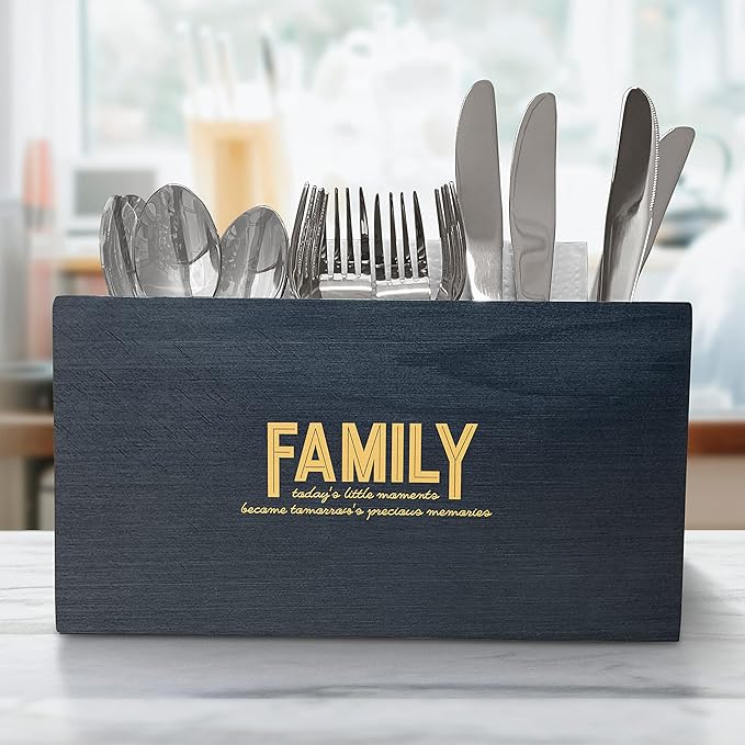 Family Quote Wood Utensil Caddy Cutlery Organizer, Silverware Holder, Large Utensil Flatware Organizer Box with 3 Compartments, Wood Utensil Holder