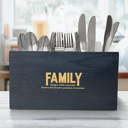 Family Quote Wood Utensil Caddy Cutlery Organizer, Silverware Holder, Large Utensil Flatware Organizer Box with 3 Compartments, Wood Utensil Holder