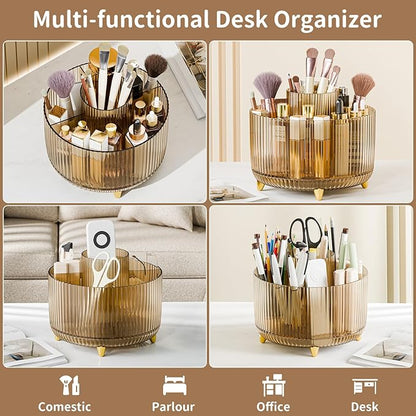 fanado 360° Rotate Makeup Brush Holder Organizer, Makeup Organizers Countertop, Makeup organization and Skincare Storage for Vanity, Desktop, Bathroom (Clear Amber)