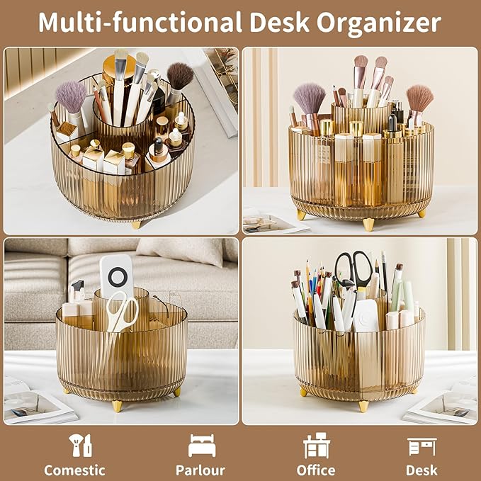 Clear Rotating Makeup Organizer Countertop for Vanity, 360° Makeup Brush Holder Organizer with 5 Compartments, Transparent Cosmetic Storage for Lipstick, Skincare, Bathroom Counter (Transparent Amber)
