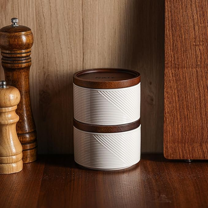 Salt and Pepper Bowls: 10 oz Ceramic Stackable Spice Cellar with Wooden Lid - Stacked Seasoning Storage Containers for Countertop Stovetop - Striped, White