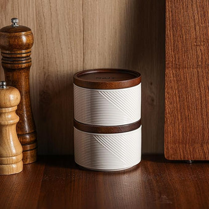 Salt and Pepper Bowls: 10 oz Ceramic Stackable Spice Cellar with Wooden Lid - Stacked Seasoning Storage Containers for Countertop Stovetop - Striped, White