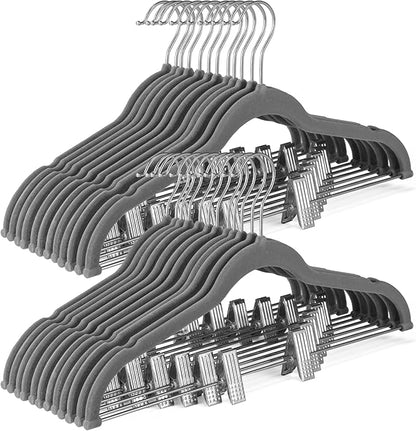 HOUSE DAY Velvet Skirt Hangers 36 Pack, Grey Velvet Hangers with Adjustable Clips, Space Saving Slim Felt Pant Hanger, Heavy Duty Shorts Hanger, Non Slip Clip Hangars for Pants, Skirts, Shorts