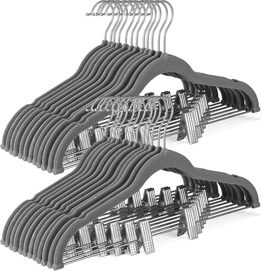 HOUSE DAY Velvet Skirt Hangers 36 Pack, Grey Velvet Hangers with Adjustable Clips, Space Saving Slim Felt Pant Hanger, Heavy Duty Shorts Hanger, Non Slip Clip Hangars for Pants, Skirts, Shorts