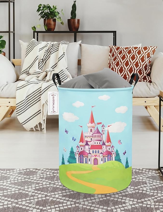 QUEENLALA Large Storage Basket,Laundry Hamper/Bathroom/Home Decor/Collapsible Round Storage Bin,Boys and Girls Hamper/Boxes/Clothing(Round-Forest Castle)
