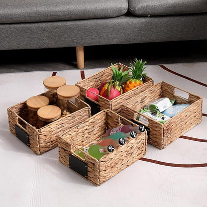 Water Hyacinth Storage Baskets Set of 4 - Foldable Seagrass Organizers with Chalk Labels,10.8x9x4.9 Inch,Rectangular Woven Pantry Bin for Shelves