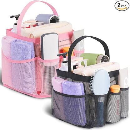 EUDELE 2 Pack Mesh Shower Caddy Portable for College Dorm Room Essentials, Shower Caddy Dorm with 8-Pocket Large Capacity,Shower Bag for Beach,Swimming,Gym All Black+All Pink