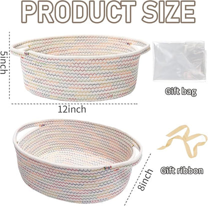 JMvicyroam Woven Basket,Small Rope Storage Bin with Handles & Ribbon Bag, Organizer for Shelves Closets,Gift Basket Empty for Birthday,Books,Dog Toys, Colorful/2 Pack