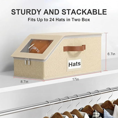 2 Pack Hat Organizer for Baseball Caps, Stackable Hat Storage Box for Closet, Cap Organizer & Cowboy Hat Case, Dustproof Hat Holder for Snapback Trucker Hats, Beige Hat Box