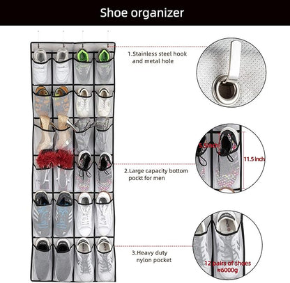 SAVERHO Hanging Shoe Organizer, Over The Door Shoe Organizer with 24 Mesh Large Pockets Door Shoe Rack for Men Women Kids Hanging Door Shoe Holder Size:58x21 Inch (White-2pack)
