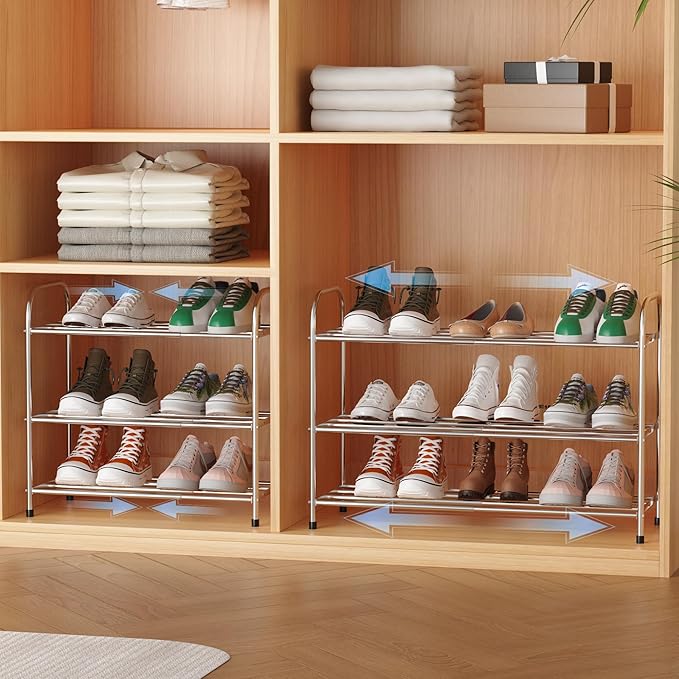 3 Tier Expandable Shoe Rack for Closet, Stainless Steel Shoe Shelf, Strong Weight Capacity Shoes Organizer, Easy to Install and Saving Space Standing Shelf with Sturdy Frame(3 Tier)