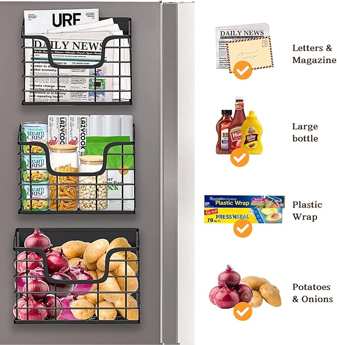 Magnetic Shelf for Fridge, 3 Pack Metal Fridge Organizer Baskets, Magnetic Cup Holder for Refrigerator, Fruit & Snack Storage, Magnetic Bin for Potatoes, Letters, Magazines, Kitchen & Laundry Room