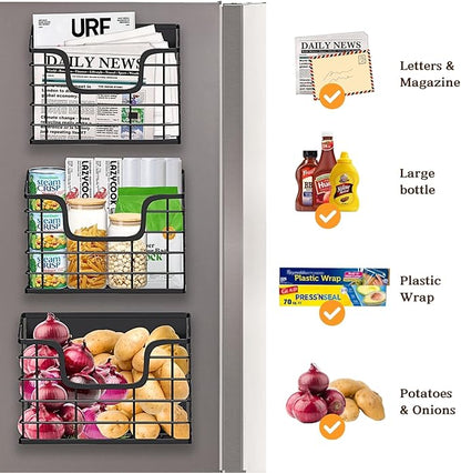 Magnetic Shelf for Fridge, 3 Pack Metal Fridge Organizer Baskets, Magnetic Cup Holder for Refrigerator, Fruit & Snack Storage, Magnetic Bin for Potatoes, Letters, Magazines, Kitchen & Laundry Room