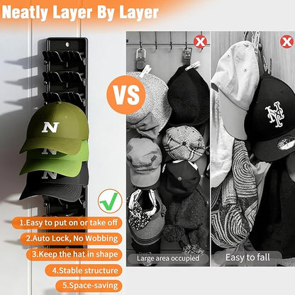 Hat Organizer for Baseball Caps, 2 Pack Wall Mount Hat Rack with Spring Clips, Holds 20 Caps, Black Hat Holder for Closet Door