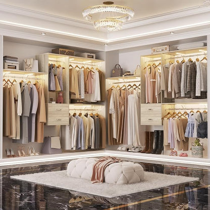 96 Hanging Closet System with 2 Wooden Drawers, 75"–87" Height Adjustable Closet Organizer System with Tower, 4-8FT Custom Closet Shelving System, Wall-Mounted Walk-In Closets Wardrobe, White Oak