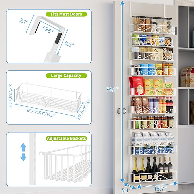 Over the Door Pantry Organizer, 9-Tier Pantry Organization and Storage for Kitchen, Metal Hanging Shelves Door for Home & Kitchen, Laundry Room Bathroom, White