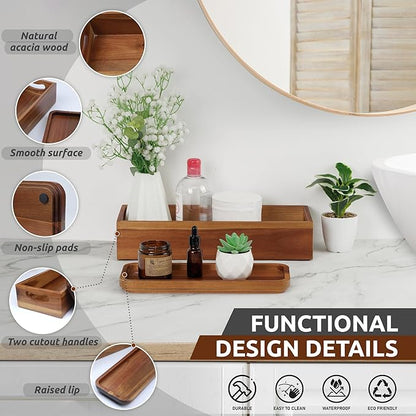Handmade Toilet Tank Basket Topper & Vanity Tray Set of Natural Acacia Wood by DEMIGO, Created by Skilled Artisans, Smooth, Durable, Attractive Decor for Bathroom, Kitchen, Home, Spa