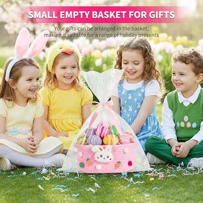 ShellKingdom Empty Gift Basket with Gift Bags and Ribbon, Birthday Basket for Boys Girls, Storage Woven Basket with Handles for Home Organizer, 12 X 8 X 5 INCH, Easter Pink