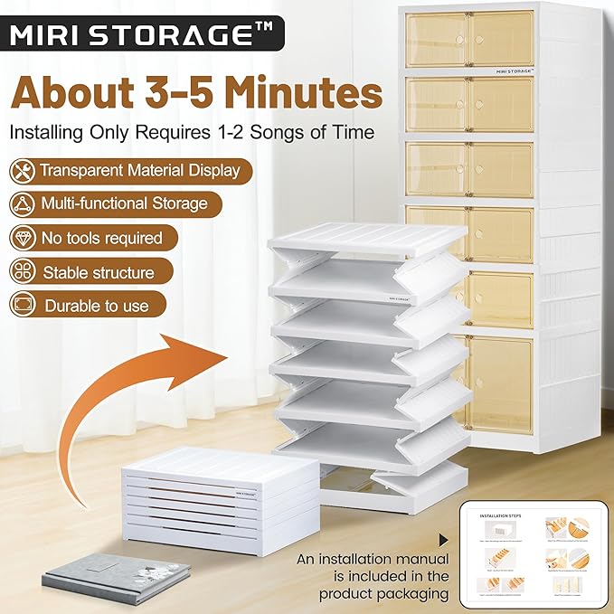 Easy Assembly 9 Tier Foldable Shoe Rack Organizer White Clear Plastic Portable Collapsible Shoe Organizer and Folding Shoe Storage Box and Cabinet with Door